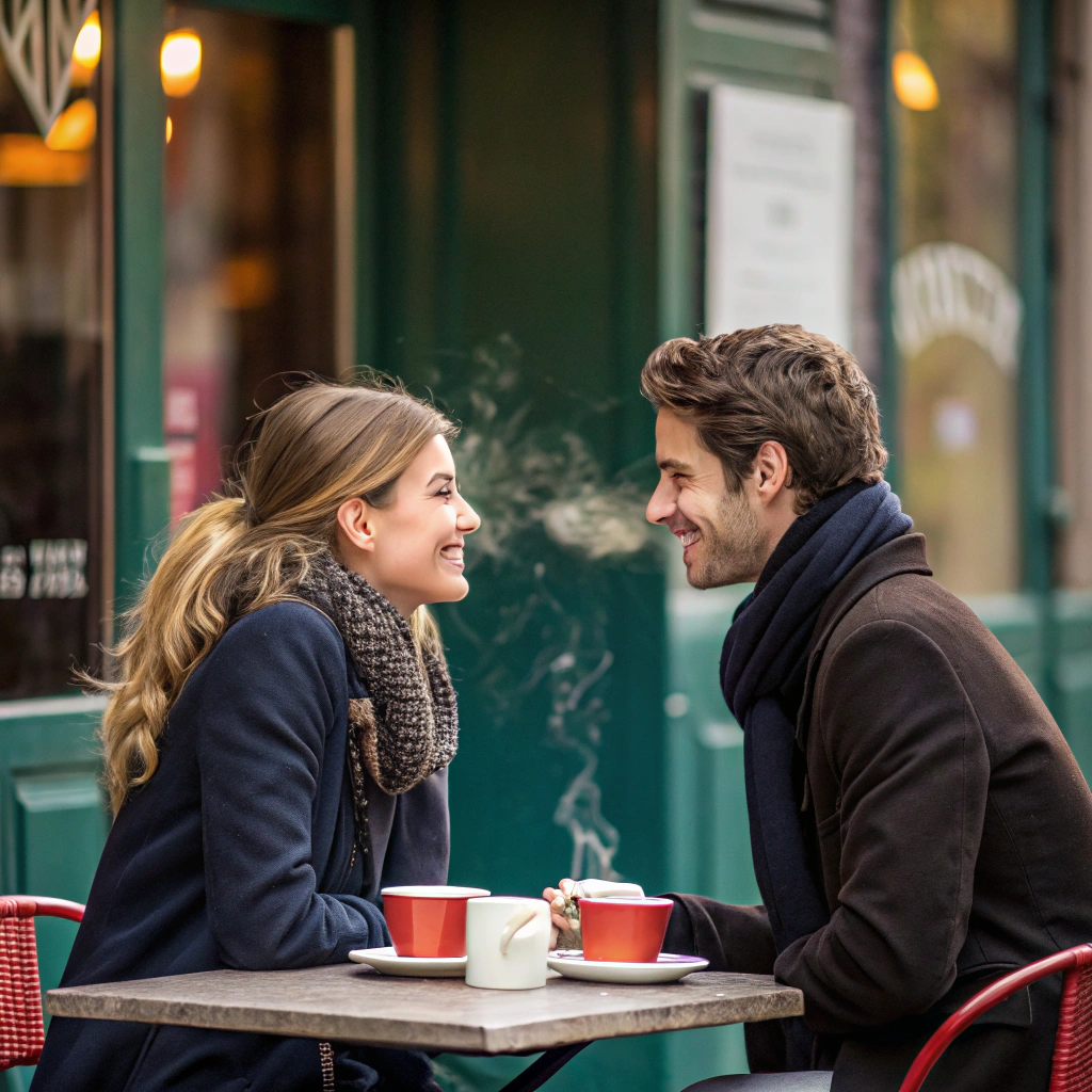 deeptalk zwischen einem paar beim ersten date in einem kaffee, sie sehen sehr verliebt aus